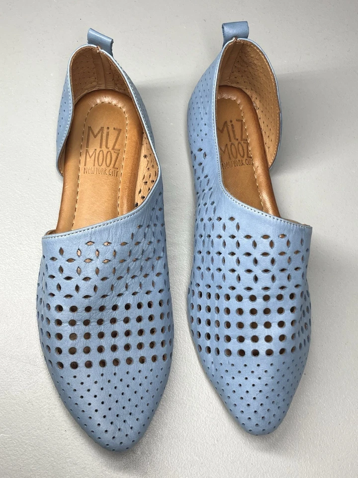 Zapatos planos Miz Mooz Gwenna Half d'Orsay para mujer 38 azul cuero perforado sin cordones Foto 3 de 4
