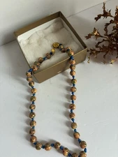 VTG 80s Chinese Jewelry Necklace with hand painted Porcelain Beads/ Blue Thread