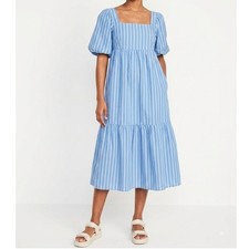 Old Navy Midi Dress Small Blue Stripe Fit Flare Puff Sleeve Cotton Poplin Tiered