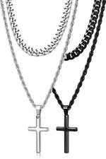 4Pcs Cross Necklace for Men,Stainless Steel Chains for Men Layered Necklaces Sil