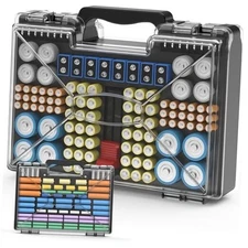 Battery Organizer Storage Holder Box Case with Tester, 185+ Batteries Black