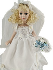 Vintage Bride Porcelain Doll  White Dress & Vail Comes With Stand 9.5" Tall B2