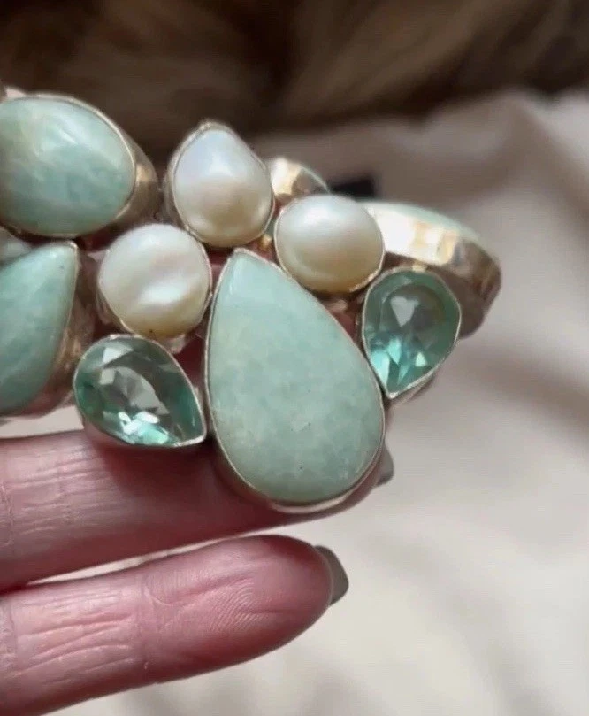 Collar pesado vintage hecho a mano de larimar dominicano y perlas de plata de ley   Foto 2 de 4