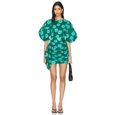 RHODE Pia Mini Dress Green Floral Ruched Puff Sleeve Ruffle Organic Cotton  12 | eBay
