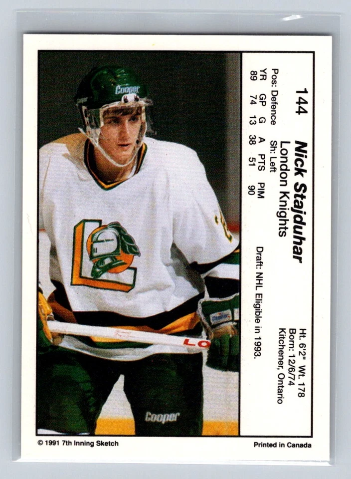 1990-91 7th Inning Sketch OHL #144 Nick Stajduhar London Knights - Image 2 of 2