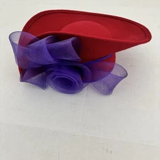Red Hat Society Women's Red Wool Cartwheel Hat With Purple Flower For Church/Tea
