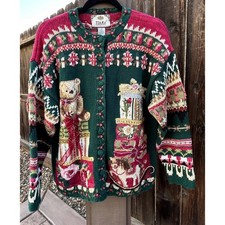Vintage Y2K Tiara International Christmas Cardigan L 3D Teddy Bear Gifts Holiday
