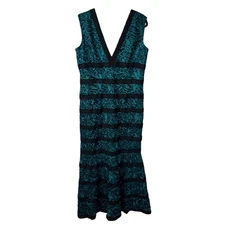 Monique Lhuillier Teal Black Lace Deep V-Neck Maxi Dress Evening Gala Gown Sz 16