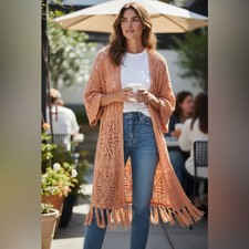 Cárdigan NKN Nekane Naranja Zaniah Frente Abierto Midi Kimono Flecos Boho Talla M/L