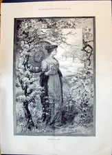 Original Old Antique Print 1896 Portrait Beautiful Woman Coming Sping Flowers