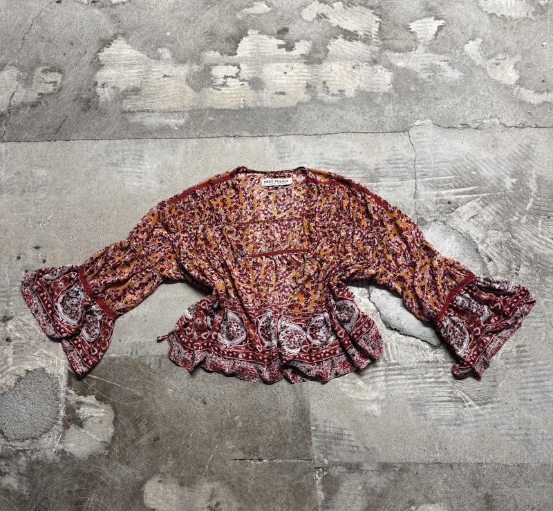 Free People Lorraine Kimono Women's S Red Yellow Floral Tie Front Bell Sleeve