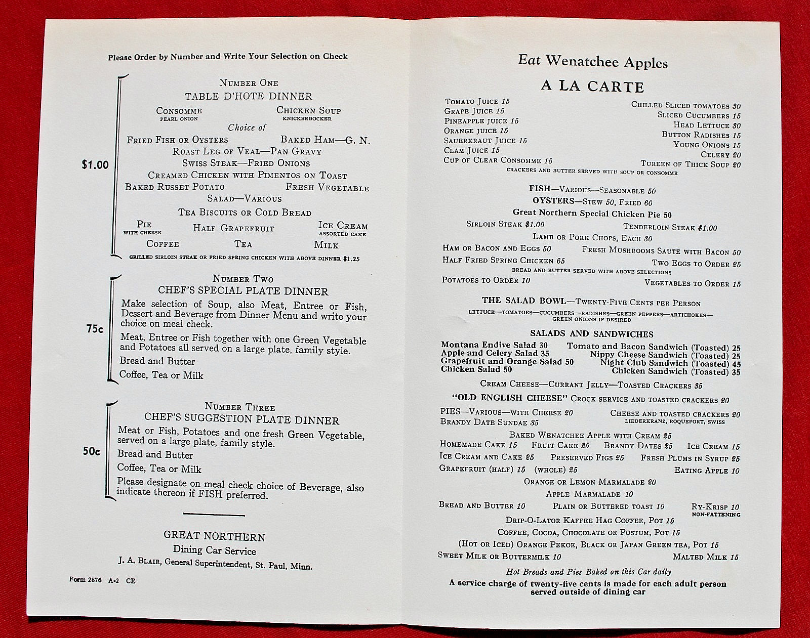 1935 Great Northern Railway Dinner Menu North West Pacific Railroad Train Dining