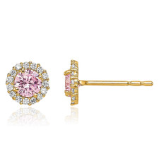 14K Solid Yellow Gold Pink CZ Stud Earrings