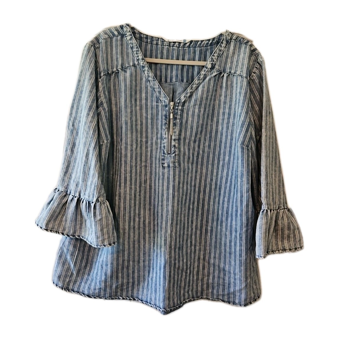 Striped Chambray Blouse Womens 2X Half Zip Front Bell Sleeve Coastal Cowgirl