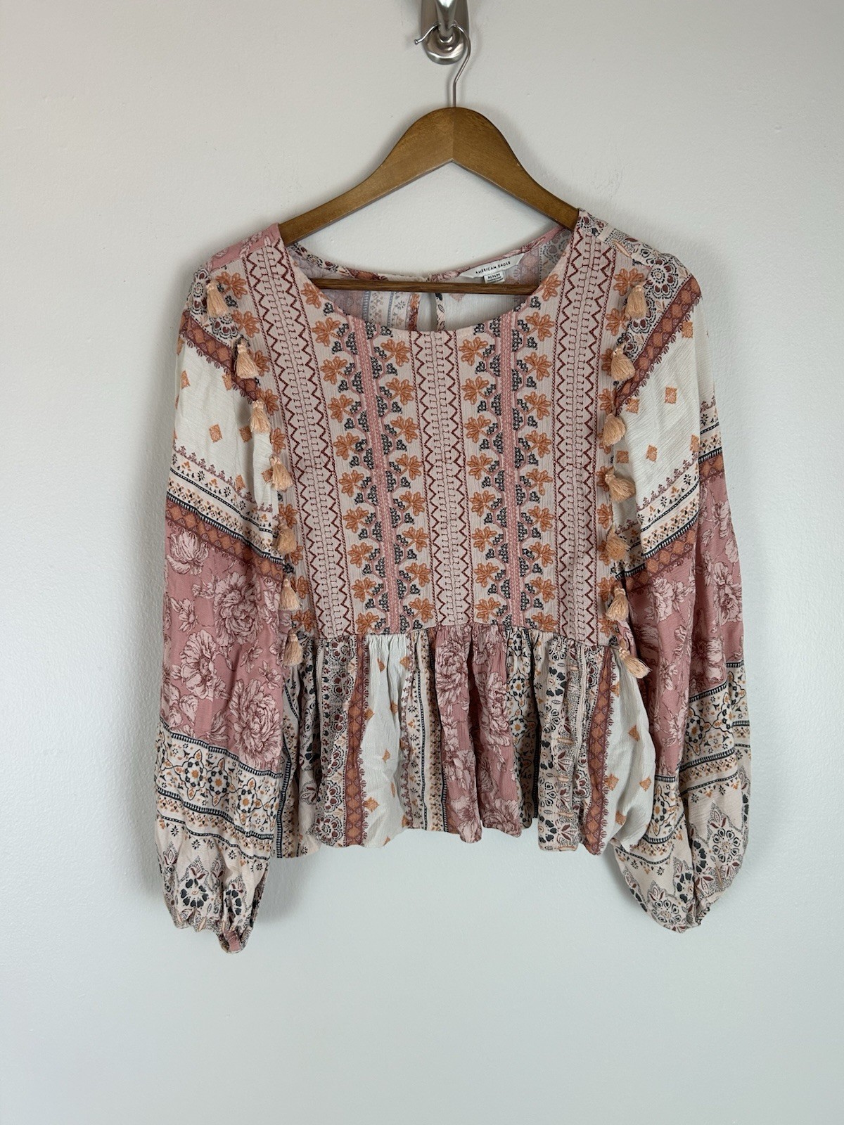American Eagle Pink Patchwork Peasant Top Boho Em… - image 1