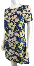 J Crew Shift Dress Short Sleeve Floral Blue Lined Career Casual Size 2