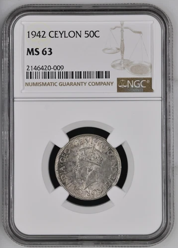 1942 CEYLON Silver 50 CENTS NGC MS-63