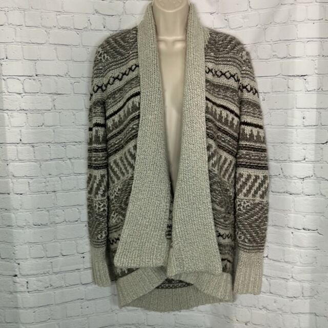 Lucky Brand Grey Cream and Brown Collared Open Front Cardigan Sz S Lucky Brand Grey Cream and Brown Collared Open Front Cardigan Sz S