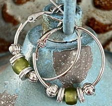 Green Sea glass and Silver Lever Back Hoop Earrings