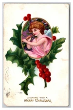 Angel in Frame w Holly Merry Christmas DB Postcard XB2