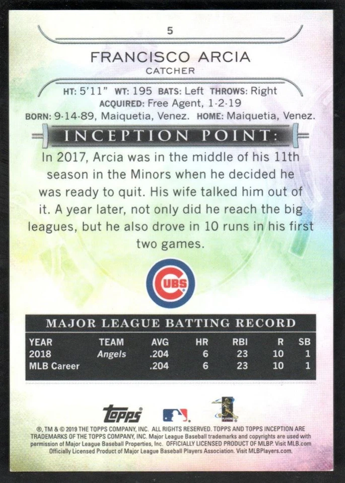 2019 Topps Inception Francisco Arcia Rookie #5 Chicago Cubs - Image 2 of 2