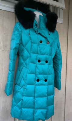 SALCO Coat Down Feather Nylon, Removable Hood Fox, Turquoise, Size S-M-48, NWT 