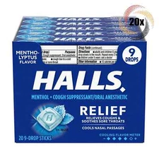 Full Box 20x Packs HALLS Relief Mentho-Lyptus Oral Cough Drop - 9 Drops Per Pack