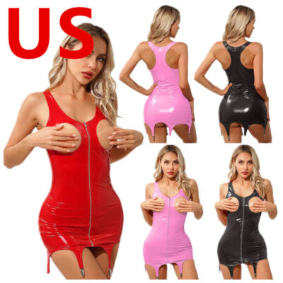 Women Dress with Garter Belt Party Club Mini Clubwear Latex Leather Slim Fit | eBay Women Dress with Garter Belt Party Club Mini Clubwear Latex Leather Slim Fit | eBay