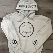 Travis Scott Hoodie Smile Face with Flame Designs on Sleeves Sand w/ Black Print