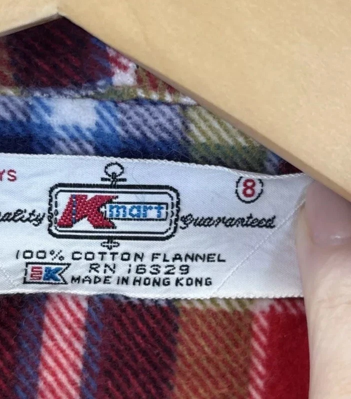 Bata vintage K-Mart roja a cuadros tartán niños 8 M jóvenes 100 % algodón franela bolsillos Foto 4 de 4