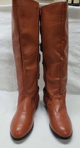 Women Flat Heel Riding Boots Brown PU Size 8 Shoes - Picture 5 of 6