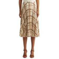 Lauren Ralph Lauren Women's Cream Tan Metallic Equestrian Print Pleated Skirt