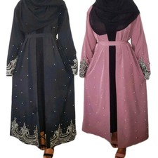 Ramadan Islamic Abaya Kaftan Maxi Dress Beads Embroidery Muslim Women Dubai Robe