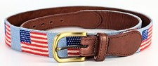 Tacker Blair American Flag Men's Needlepoint Blue/Red Leather Belt size 38