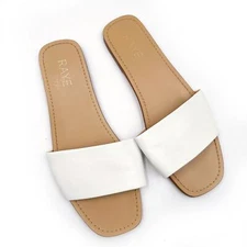 Raye Houston Sandals White Wide Strap Flat Slides Leather Square Sz 8.5