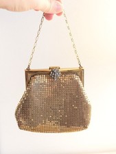Vintage Whiting and Davis Gold Mesh Rhinestone Evening Bag W/ Box Mirror