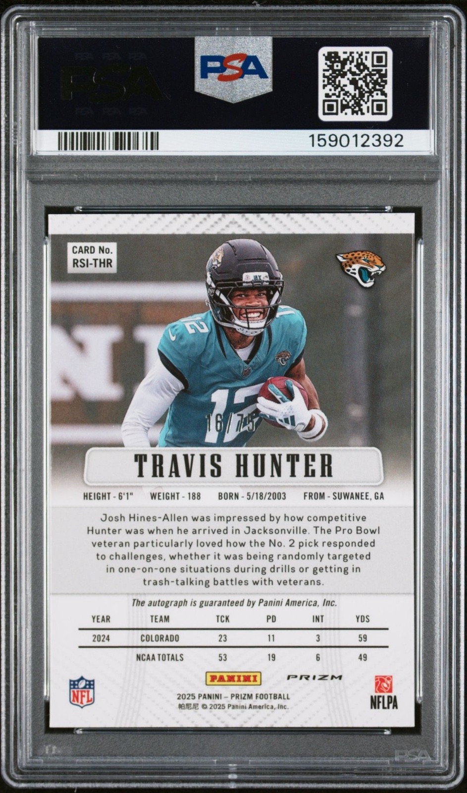 2025 PANINI PRIZM RETRO SIGNATURES TRAVIS HUNTER GREEN SCOPE /75 PSA 10 ROOKIE view 2