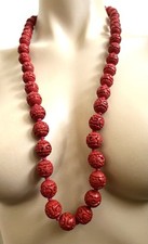 Vintage CHINESE Carved 15mm Hand Knotted CINNABAR BEAD NECKLACE 33" Gilt Clasp