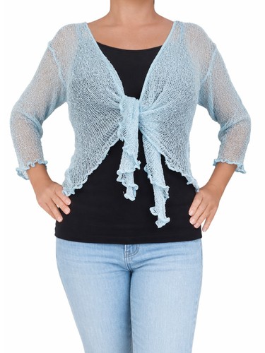 Ladies Bali Shrug Lightweight Mesh Crochet Cardigan Bolero Cover Up - Sky Blue - Picture 2 of 5