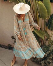 Spell Juniper Boho Midi Dress Size Large Eggshell Blue Long Sleeve AU 12-14 US 8