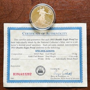 Beautiful 1933 Gold Plated Double Eagle Proof - American Mint Replica with COA