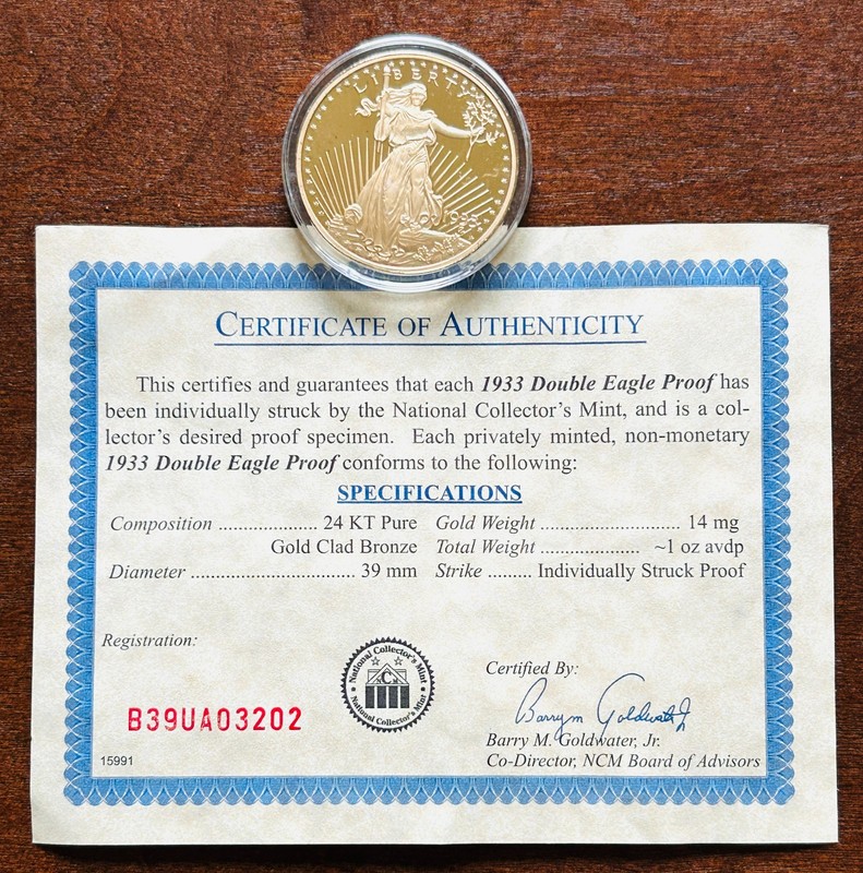 Beautiful 1933 Gold Plated Double Eagle Proof - American Mint Replica with COA