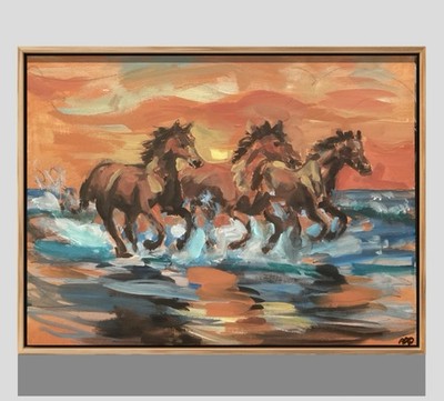 PDQ Artist Original Painting Horses Running Abstraction Acrylic 12x16 Canvas Art