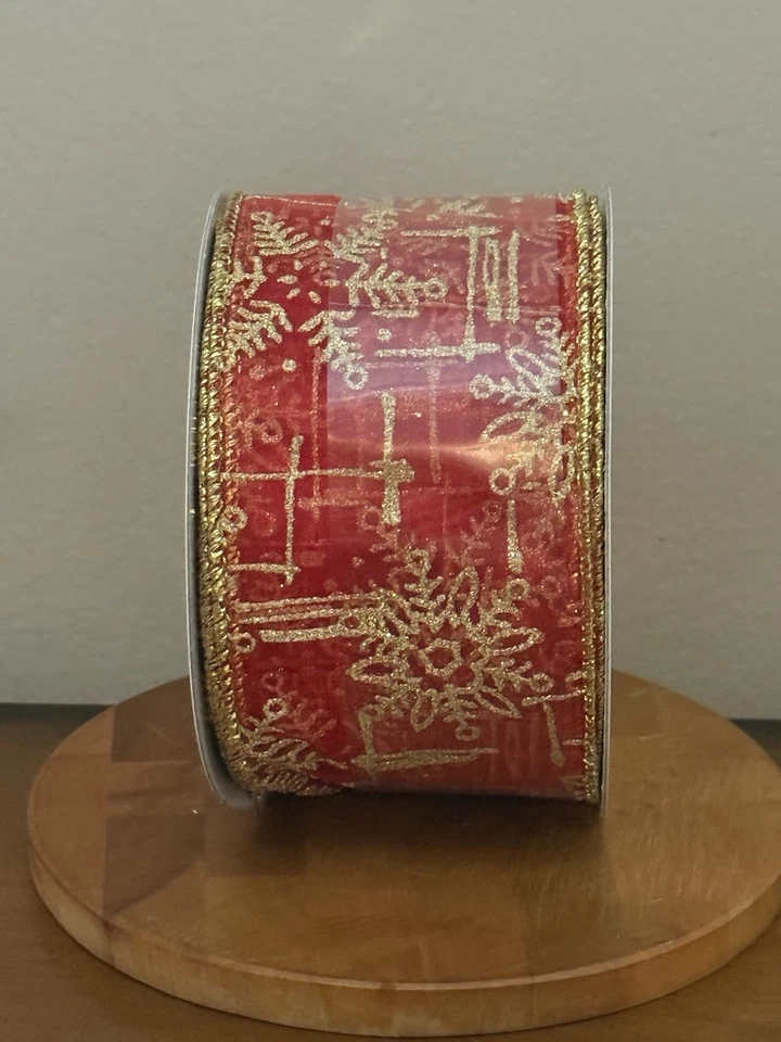 VTG Celebrate It Wired Christmas Ribbon Red  & Gold Glitter Snowflake 30ftx2.5in - Image 3 of 4