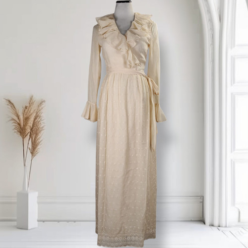 Vintage 70s Prairie Maxi Dress Cream Eyelet Ruffle Cottagecore 4 S