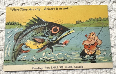 Exaggerated Fishing Comic Greetings Sault Ste Marie Ontario Canada Postcard