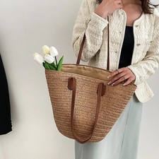 Women's Large Woven Straw Beach Tote Bag Designer Shoulder Shopper Handbag