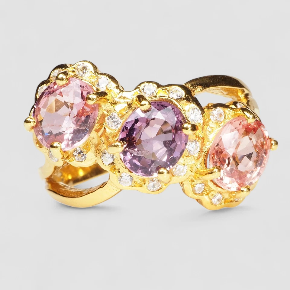 手工制作粉色紫色尖晶石2.25克拉多色石戒指925纯银 — 第 2/4 张图片