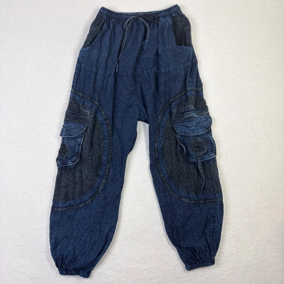 Boho Harem Pants Medium Blue Cotton Tie Waist Cargo Pockets Drop Crotch Festival - Image 2 of 4