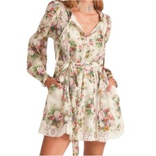 LoveShackFancy Fria Shining Gemstone Floral Lace-Trim Mini Dress Cream Small